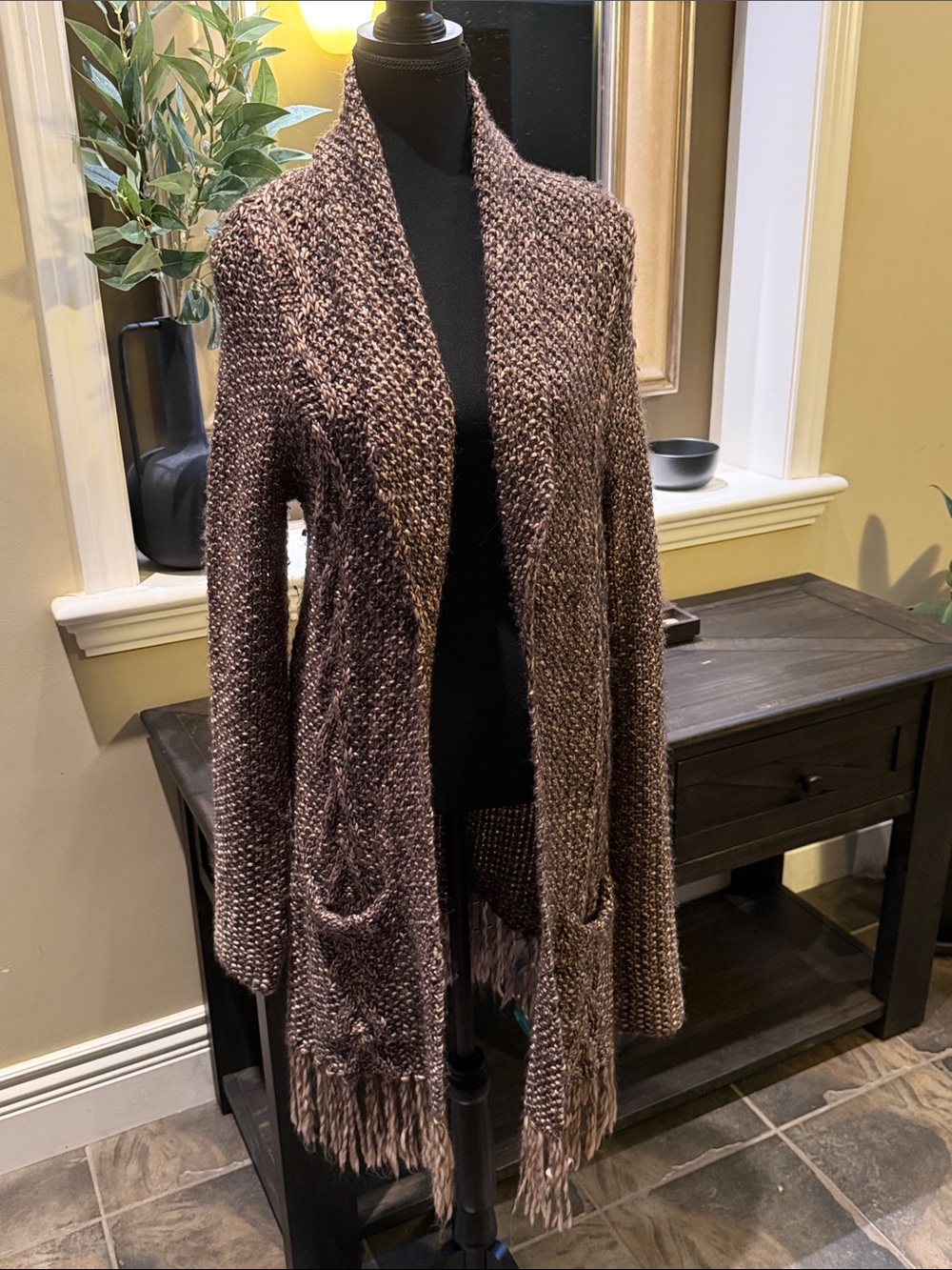 INC International Concepts Brown Marled Teddy Open-Front Fringe Cardigan